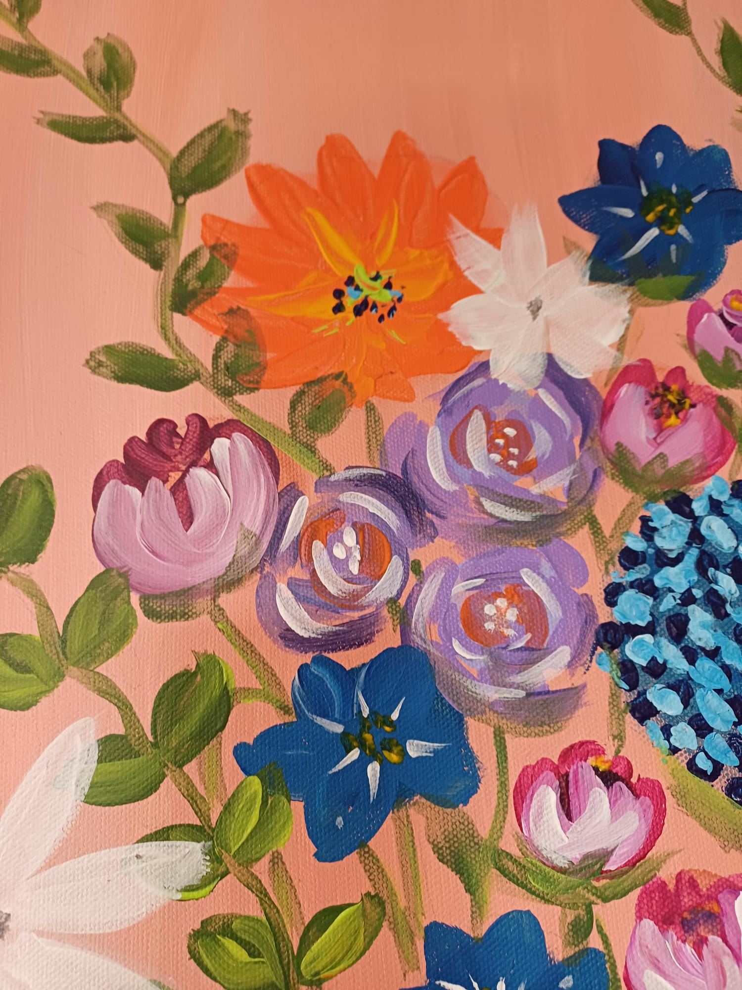 toile peinte à la main d'un vase avec des fleurs orange, violet, blanc bleu. Peint par Alice Alnet Ribeiro (LICE)