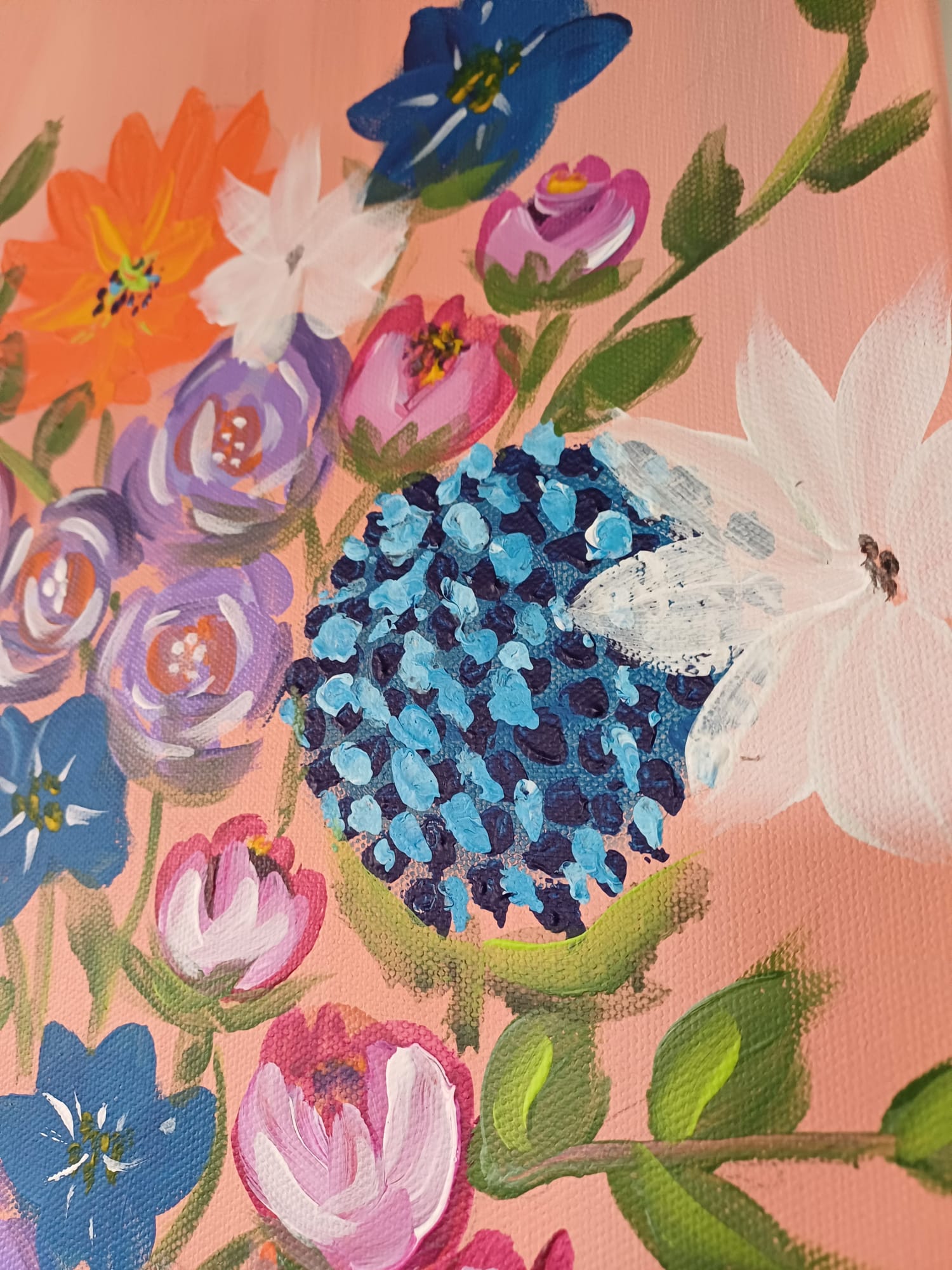 toile peinte à la main d'un vase avec des fleurs orange, violet, blanc bleu. Peint par Alice Alnet Ribeiro (LICE)
