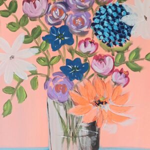 toile peinte à la main d'un vase avec des fleurs orange, violet, blanc bleu. Peint par Alice Alnet Ribeiro (LICE)