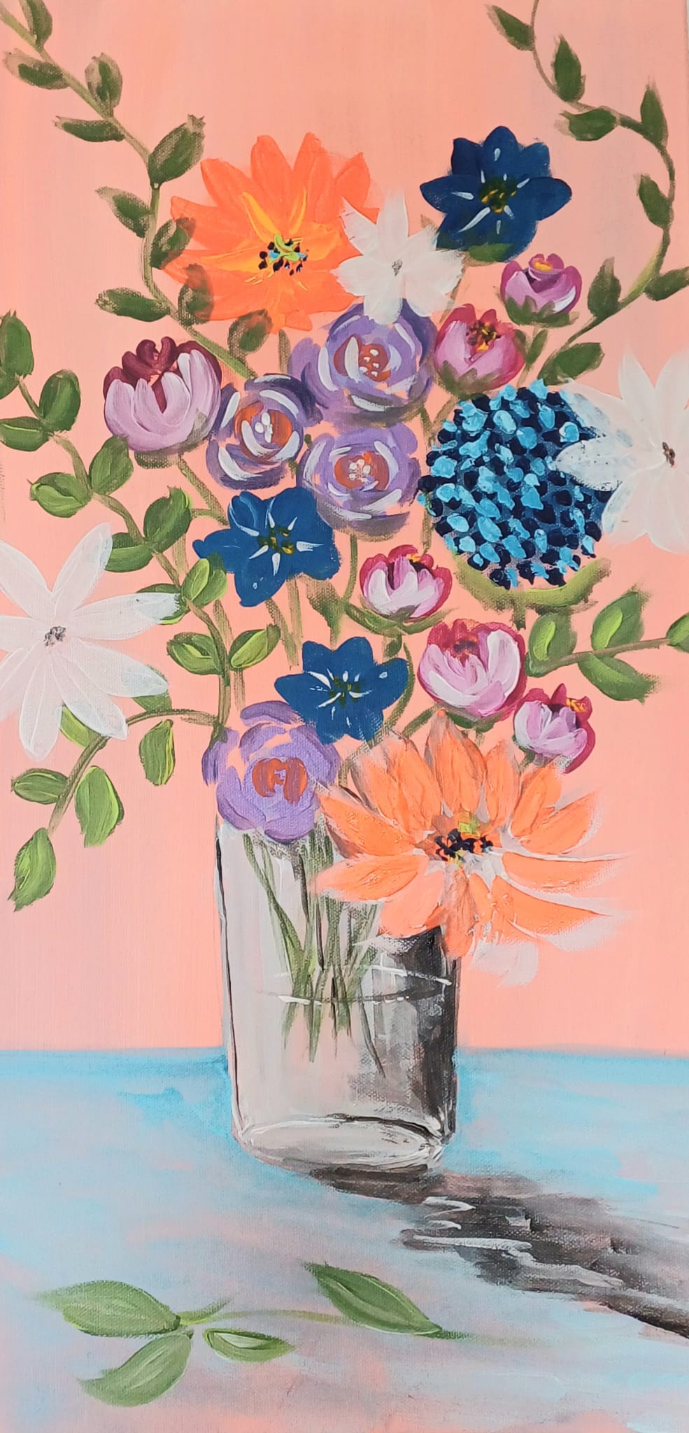 toile peinte à la main d'un vase avec des fleurs orange, violet, blanc bleu. Peint par Alice Alnet Ribeiro (LICE)