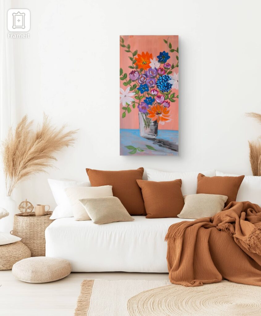 toile peinte à la main d'un vase avec des fleurs orange, violet, blanc bleu. Peint par Alice Alnet Ribeiro (LICE)